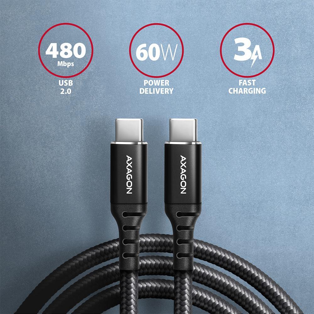 AXAGON - Cabo de carregamento AXAGON BUCM-CM10AB USB-C  <-> USB-C 2.0, 1m, PD 60W, 3A, ALU, braid, Preto