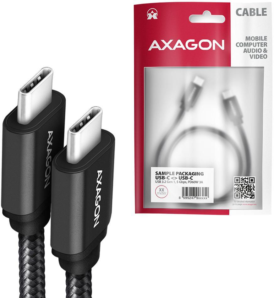 AXAGON - Cabo de carregamento AXAGON BUCM-CM10AB USB-C  <-> USB-C 2.0, 1m, PD 60W, 3A, ALU, braid, Preto