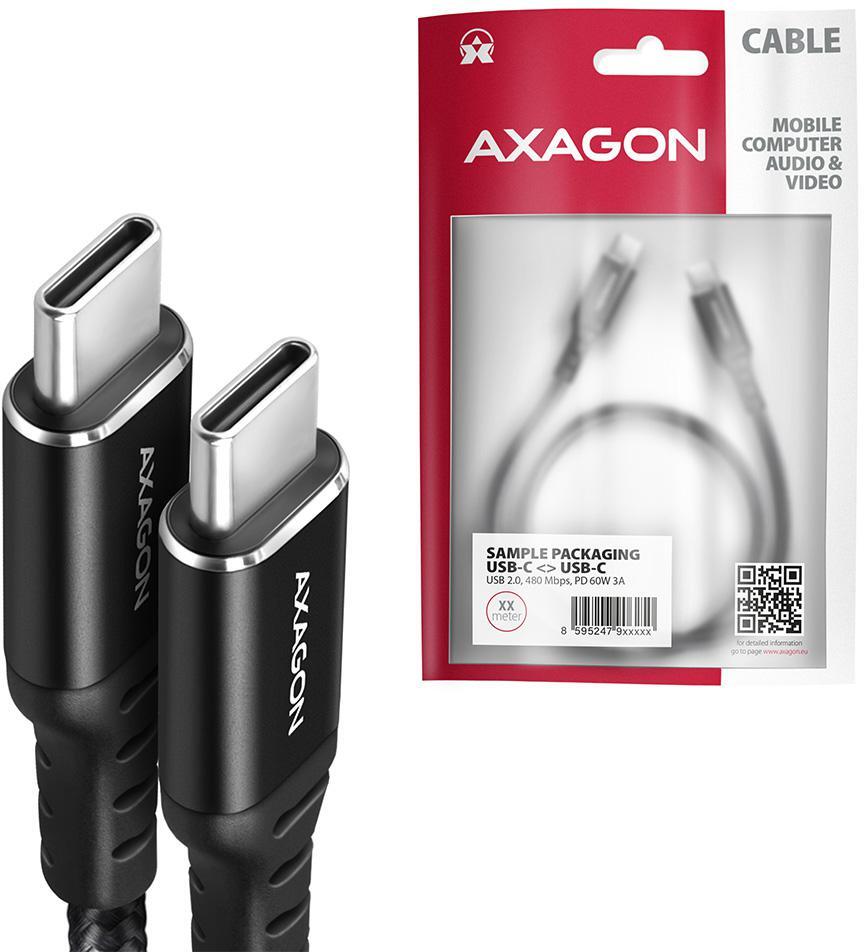 AXAGON - Cabo de carregamento AXAGON BUCM-CM20AB USB-C  <-> USB-C 2.0, 2m, PD 60W, 3A, ALU, braid, Preto