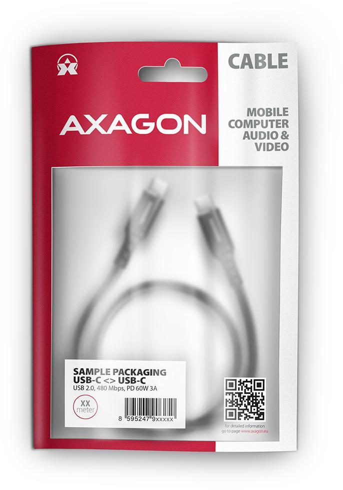 AXAGON - Cabo de carregamento AXAGON BUCM-CM20AB USB-C  <-> USB-C 2.0, 2m, PD 60W, 3A, ALU, braid, Preto