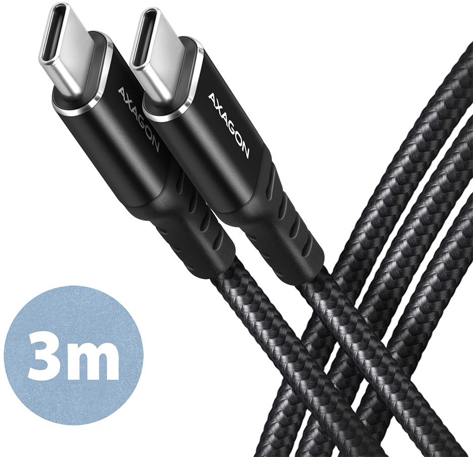 Cabo de carregamento AXAGON BUCM-CM30AB USB-C  <-> USB-C 2.0, 3m, PD 60W, 3A, ALU, braid, Preto