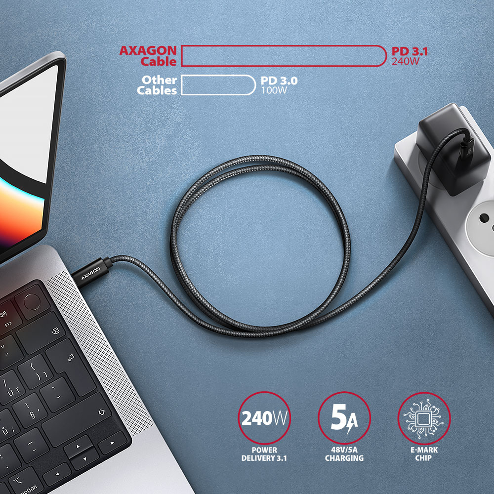 AXAGON - Cabo de Carregamento AXAGON BUCM2-CM10AB USB-C <-> USB-C 2.0, 1m, PD 240W 5A, ALU, braid