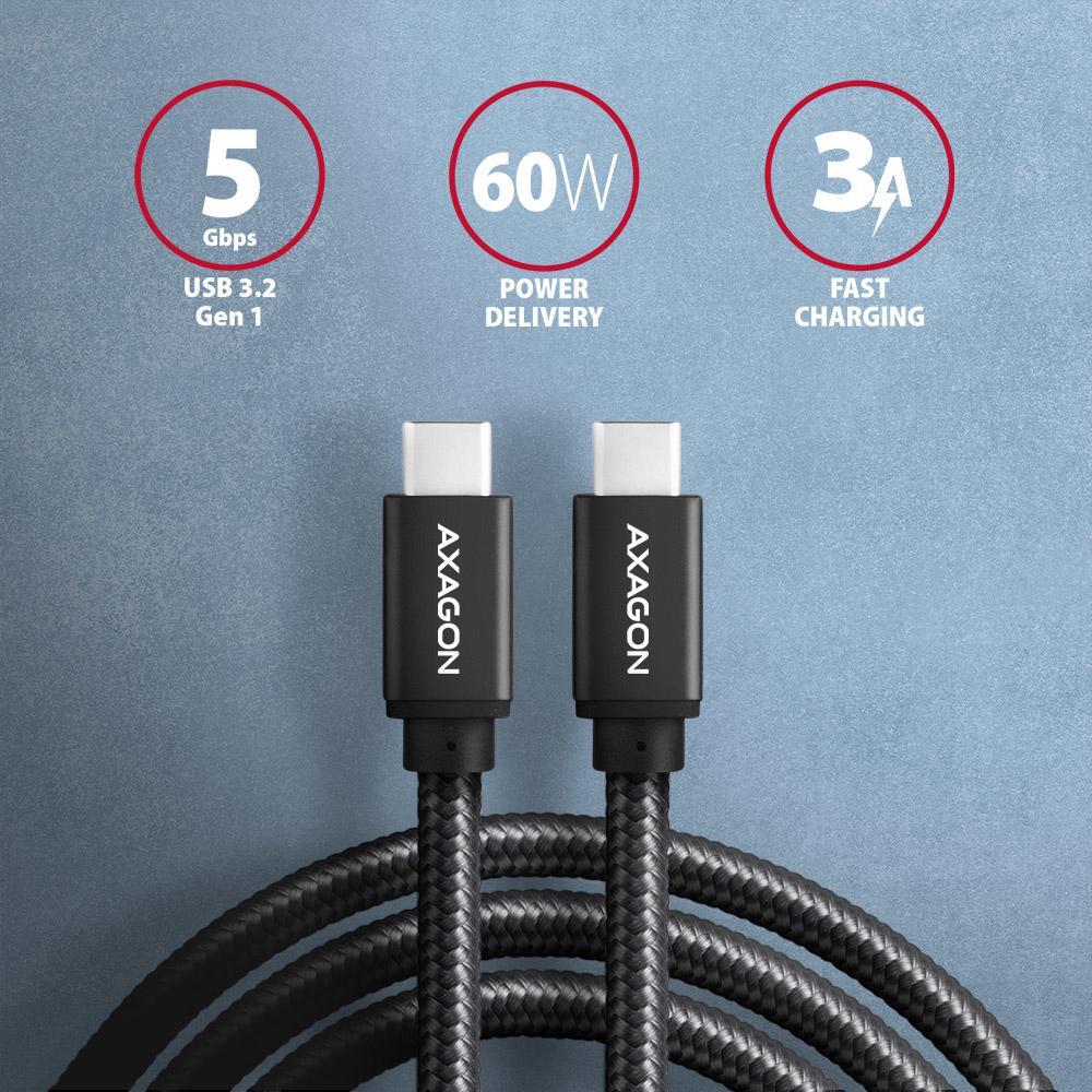 AXAGON - Cabo de carregamento AXAGON BUCM3-CM30AB cable USB-C  <-> USB-C 3.2 Gen 1, 3m, PD 60W, 3A, ALU, braid, Preto