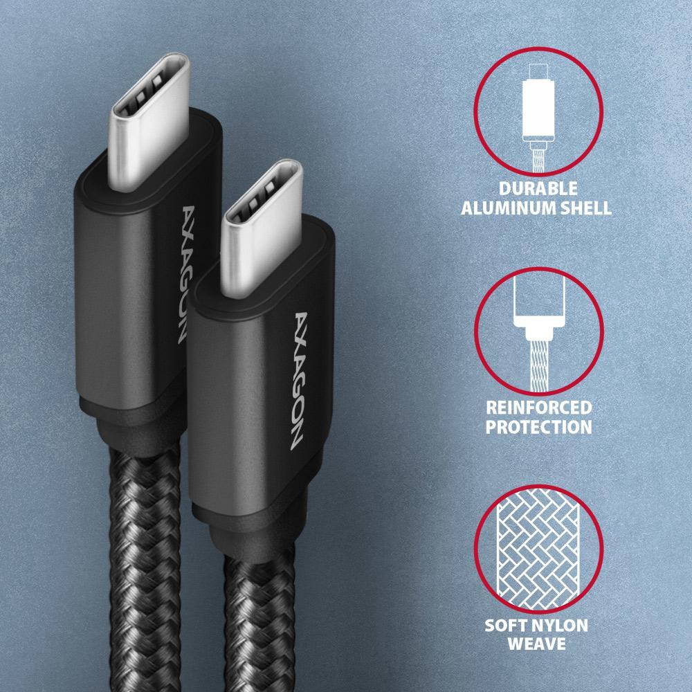 AXAGON - Cabo de carregamento AXAGON BUCM3-CM30AB cable USB-C  <-> USB-C 3.2 Gen 1, 3m, PD 60W, 3A, ALU, braid, Preto