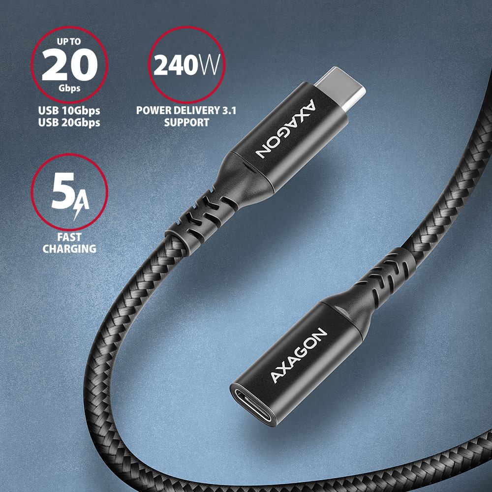 AXAGON - Extensão AXAGON BUCM32-CF05AB USB-C <-> USB-C 3.2 Gen 2, 0.5m, 20 Gbps, ALU, braid