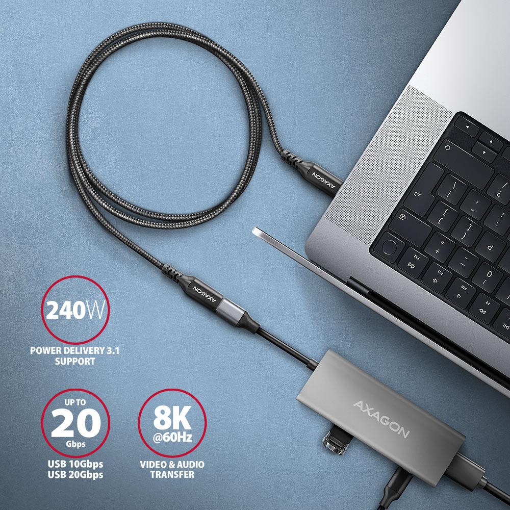 AXAGON - Extensão AXAGON BUCM32-CF05AB USB-C <-> USB-C 3.2 Gen 2, 0.5m, 20 Gbps, ALU, braid