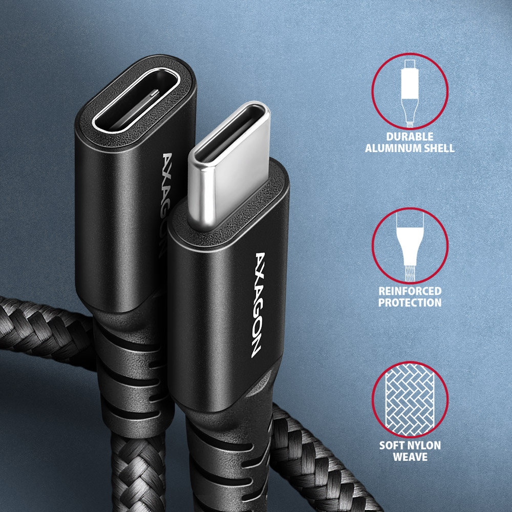 AXAGON - Extensão AXAGON BUCM32-CF10AB USB-C <-> USB-C 3.2 Gen 2, 1m, 20 Gbps, ALU, braid