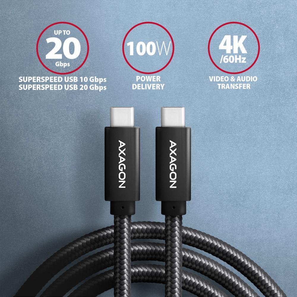 AXAGON - Cabo de carregamento AXAGON BUCM32-CM05AB USB-C  <-> USB-C 3.2 Gen 2, 0.5m, PD 100W, 5A, 4K HD, ALU, braid, Preto