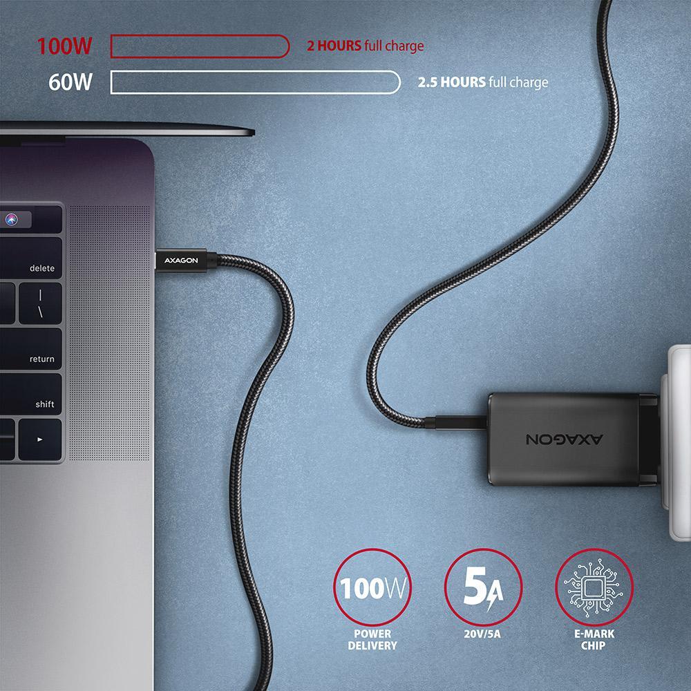 AXAGON - Cabo de carregamento AXAGON BUCM32-CM05AB USB-C  <-> USB-C 3.2 Gen 2, 0.5m, PD 100W, 5A, 4K HD, ALU, braid, Preto