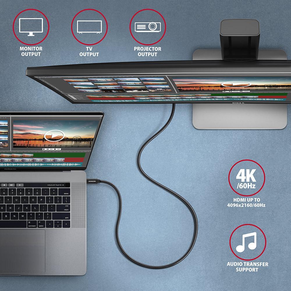 AXAGON - Cabo de carregamento AXAGON BUCM32-CM05AB USB-C  <-> USB-C 3.2 Gen 2, 0.5m, PD 100W, 5A, 4K HD, ALU, braid, Preto