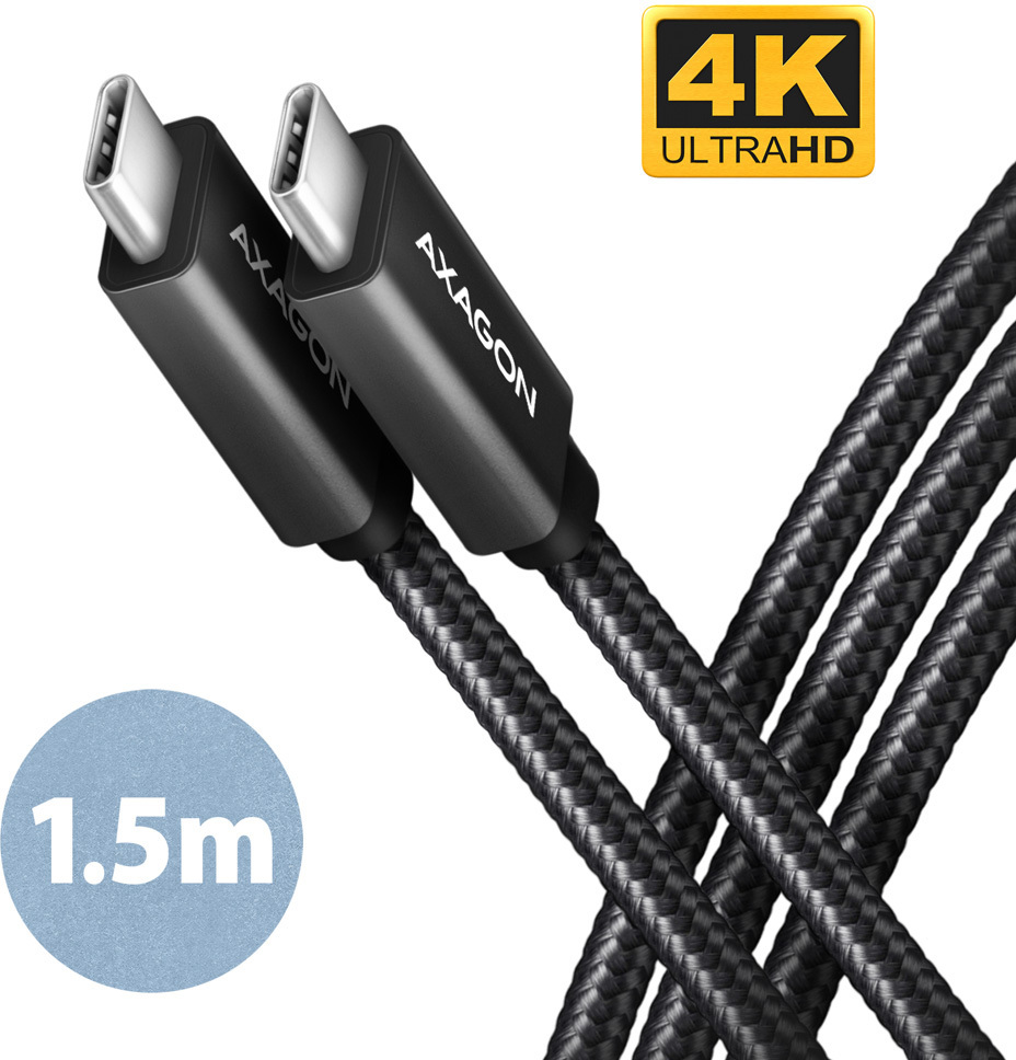 Cabo de carregamento AXAGON BUCM32-CM15AB USB-C  <-> USB-C 3.2 Gen 2, 1.5m, PD 100W, 5A, 4K HD, ALU, braid, Preto