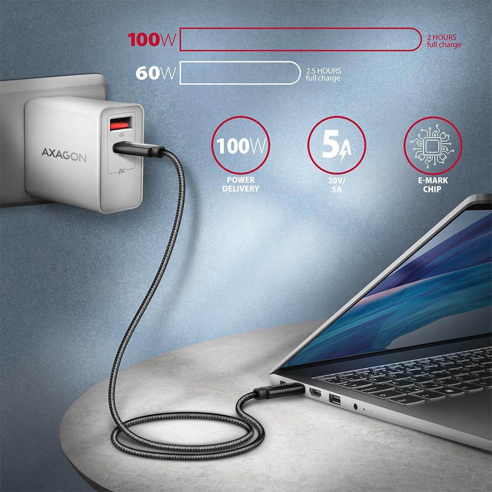 AXAGON - Cabo de carregamento AXAGON BUCM432-CM10AB USB-C <-> USB-C, USB4 Gen 3×2, 1m, PD 100W, 8K HD, ALU, braid, Preto