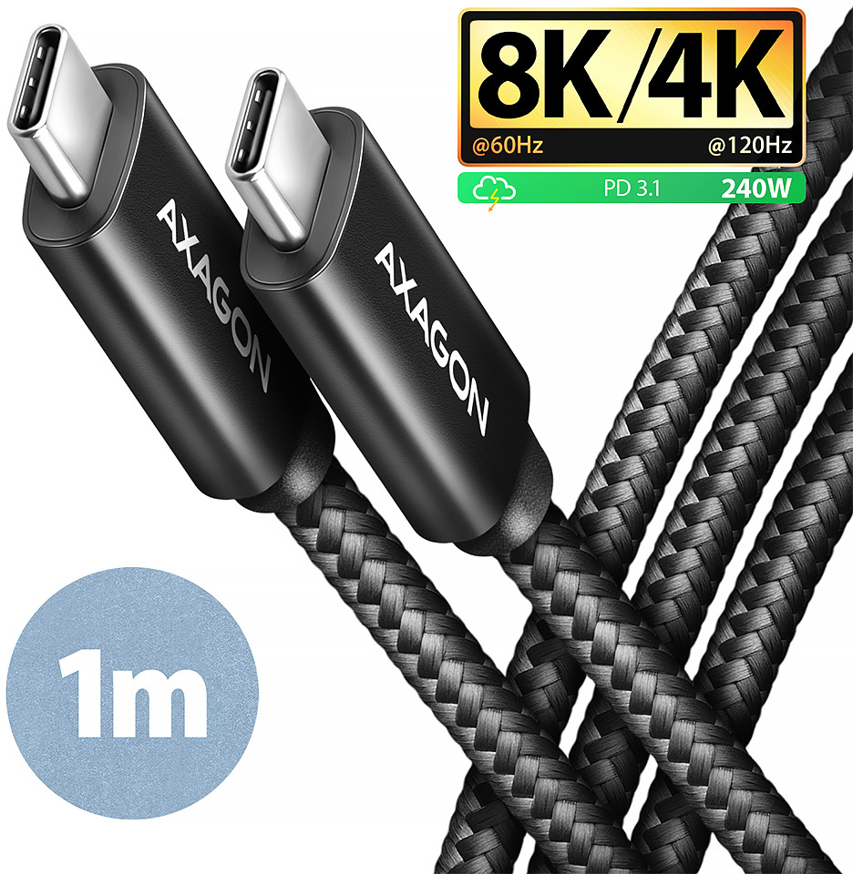 Cabo de carregamento AXAGON BUCM4X-CM10AB USB-C <-> USB-C, USB4 Gen 3×2, 1m, PD 240W, 8K HD, ALU, braid, Preto