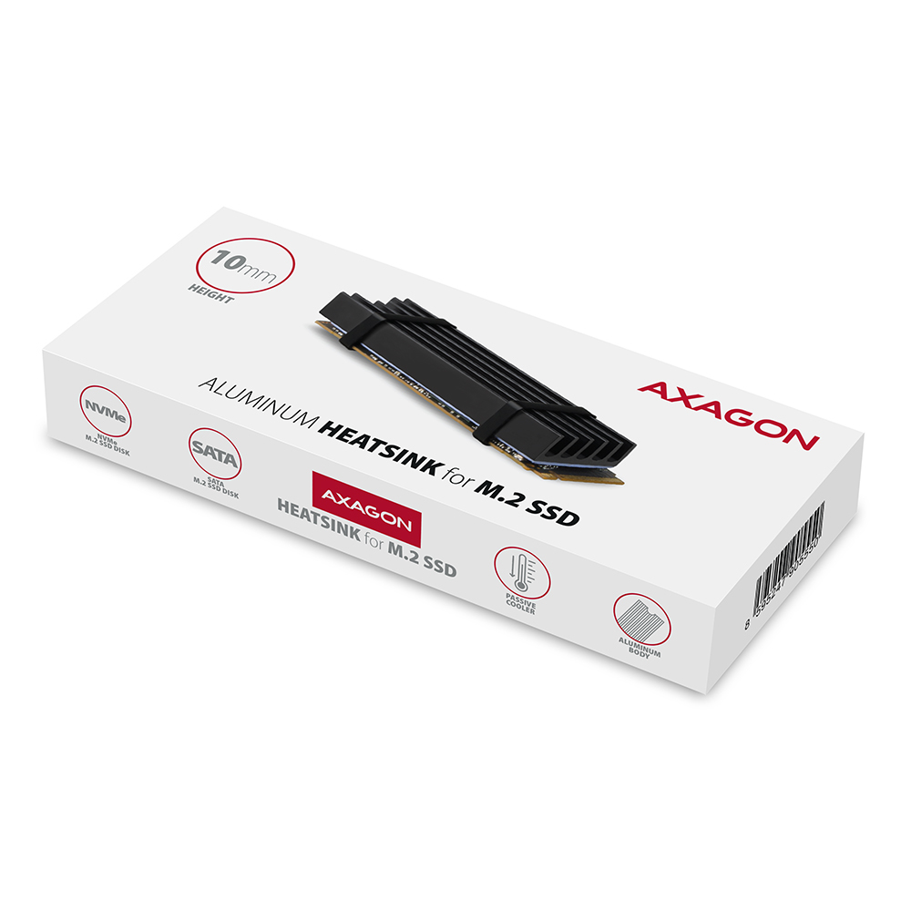 AXAGON - Dissipador Passivo AXAGON CLR-M2L10 - M.2 SSD, 80mm SSD, ALU, silicone thermal pads, height 10mm
