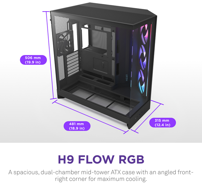 NZXT - Caixa E-ATX NZXT H9 Flow RGB+ Preta (2025) Vidro Temperado
