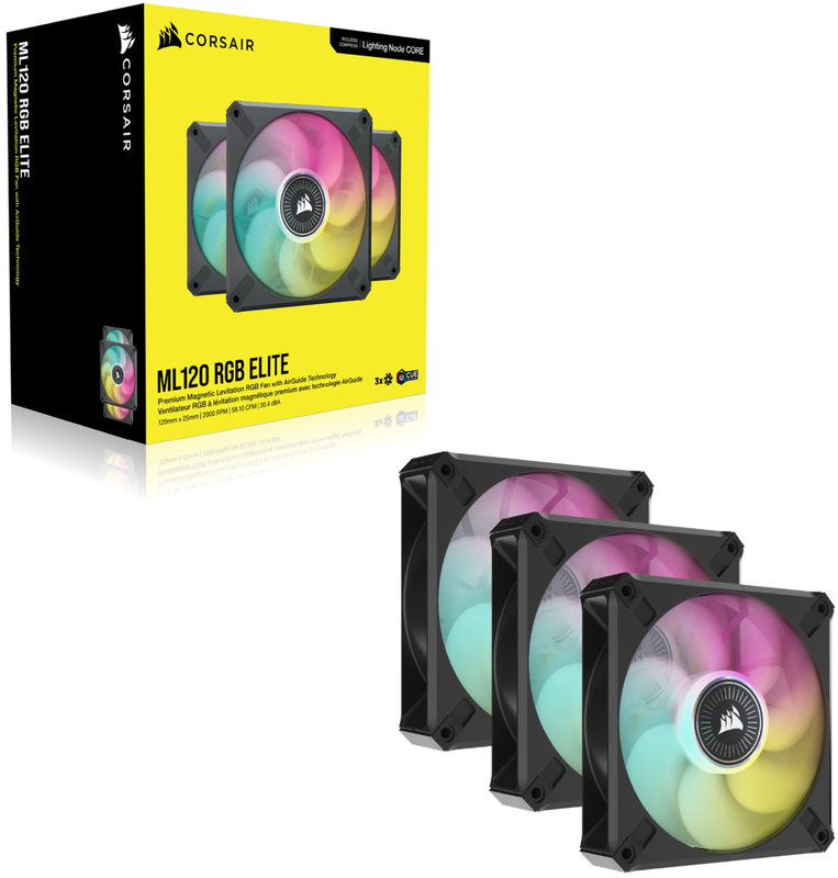Corsair - Ventoinha Corsair iCUE ML120 RGB ELITE Premium PWM 120mm Magnetic Levitation Fan (Pack 3) c/ iCUE Lighting Node CORE