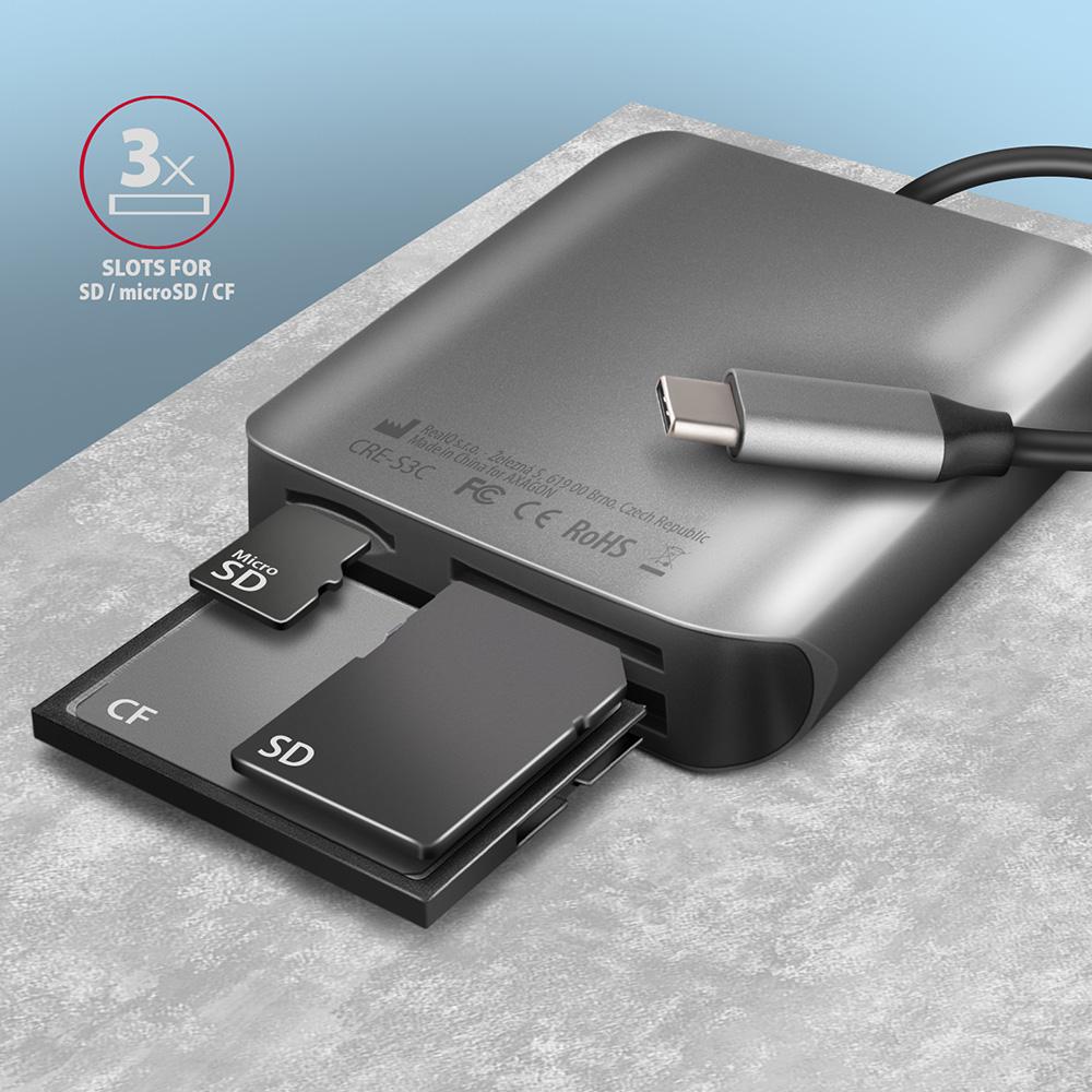 AXAGON - Leitor de cartões AXAGON CRE-S3C External card reader USB-C 3.2 Gen 1, 3-slot & lun SD/microSD/CF, UHS-II