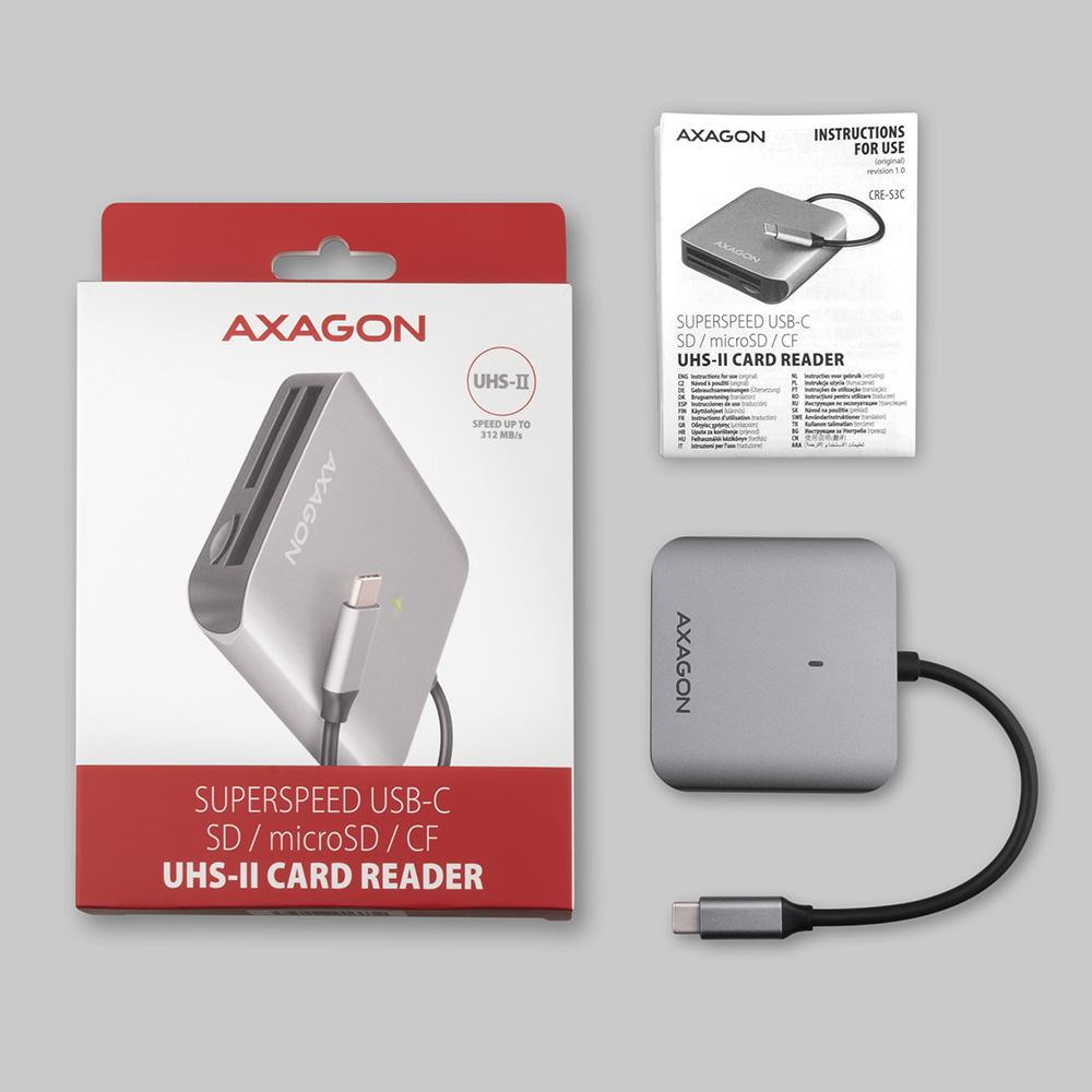 AXAGON - Leitor de cartões AXAGON CRE-S3C External card reader USB-C 3.2 Gen 1, 3-slot & lun SD/microSD/CF, UHS-II