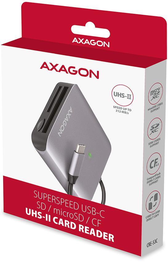 AXAGON - Leitor de cartões AXAGON CRE-S3C External card reader USB-C 3.2 Gen 1, 3-slot & lun SD/microSD/CF, UHS-II