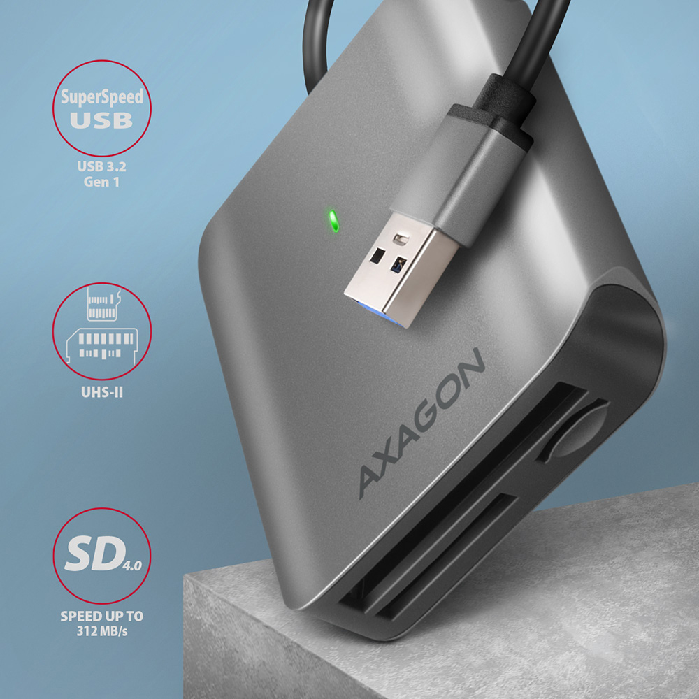 AXAGON - Leitor de cartões externo AXAGON CRE-S3 External USB-A 3.2 Gen 1, 3-slot & lun SD/microSD/CF, UHS-II