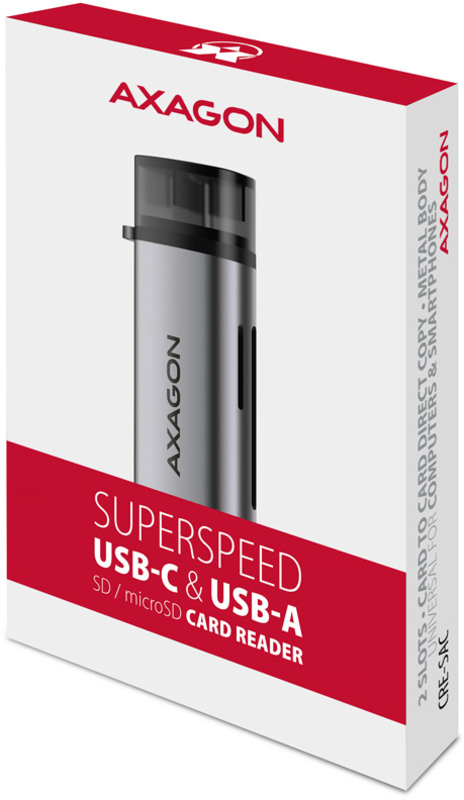 AXAGON - Leitor de cartões AXAGON CRE-SAC External USB 3.2 Gen1 Type-C+Type-A 2-slot SD/microSD