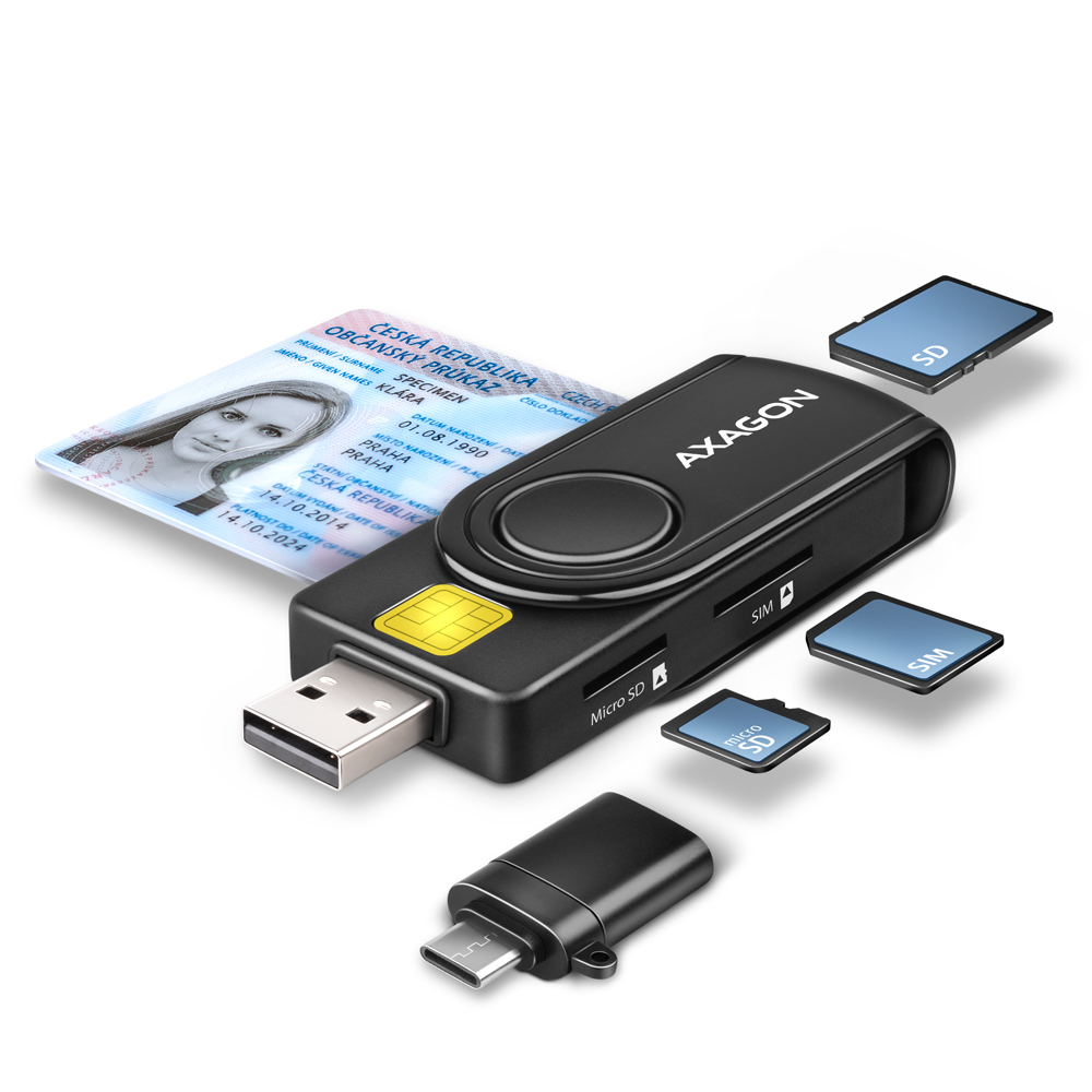 AXAGON - Leitor cartões AXAGON CRE-SMP2A USB Smart card & SD/microSD/SIM