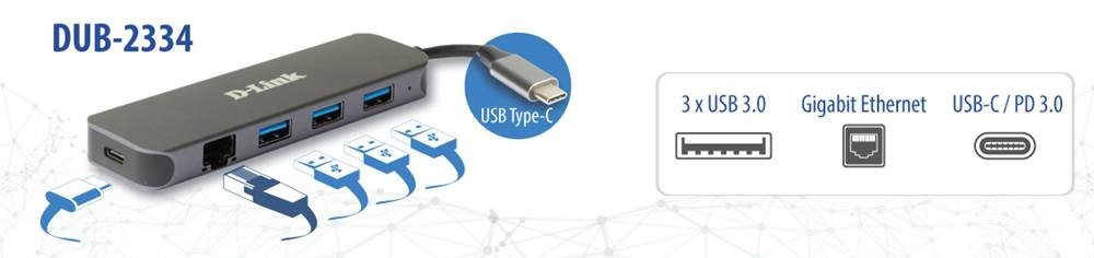 D-Link - HUB USB D-Link USB-C Macho > 3 x USB 3.0 (SS) + 1 x USB-C (Thunderbolt 3) (PD60W) + 1 x RJ45