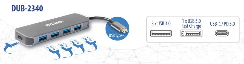 D-Link - HUB USB D-Link USB-C Macho > 3 x USB 3.0 (SS) + 1 x USB 3.0 Quick Charge (BC 1.2) + 1 x USB-C (Thunderbolt 3) (PD60W)