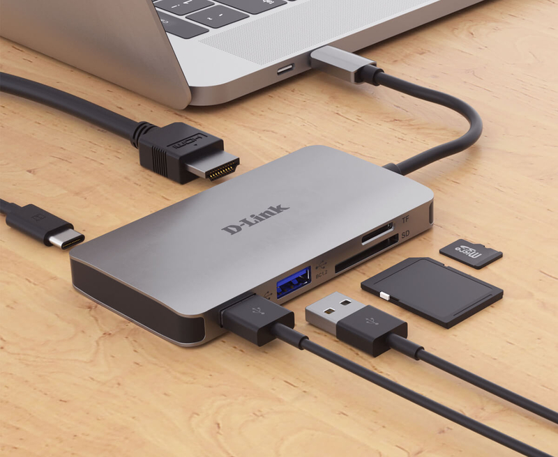 D-Link - HUB USB D-Link USB-C Macho > 2 x USB 3.0 Tipo A Femea + 1 x HDMI + Leitor Cartões (Micro SD + SD) + 1 x USB-C (até 100W)