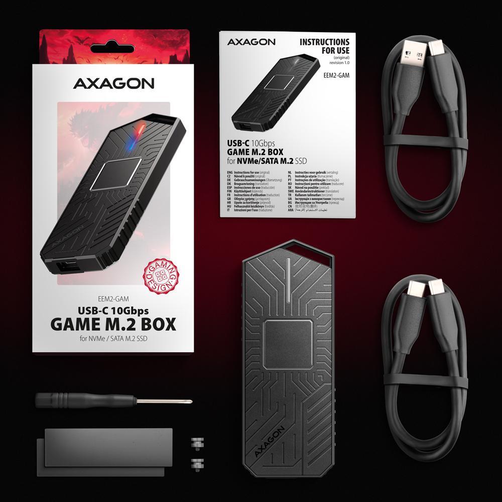 AXAGON - Caixa SSD AXAGON EEM2-GAM USB-C 3.2 Gen 2 10Gbps - M.2 NVMe/SATA SSD GAME 30-80mm ALU box