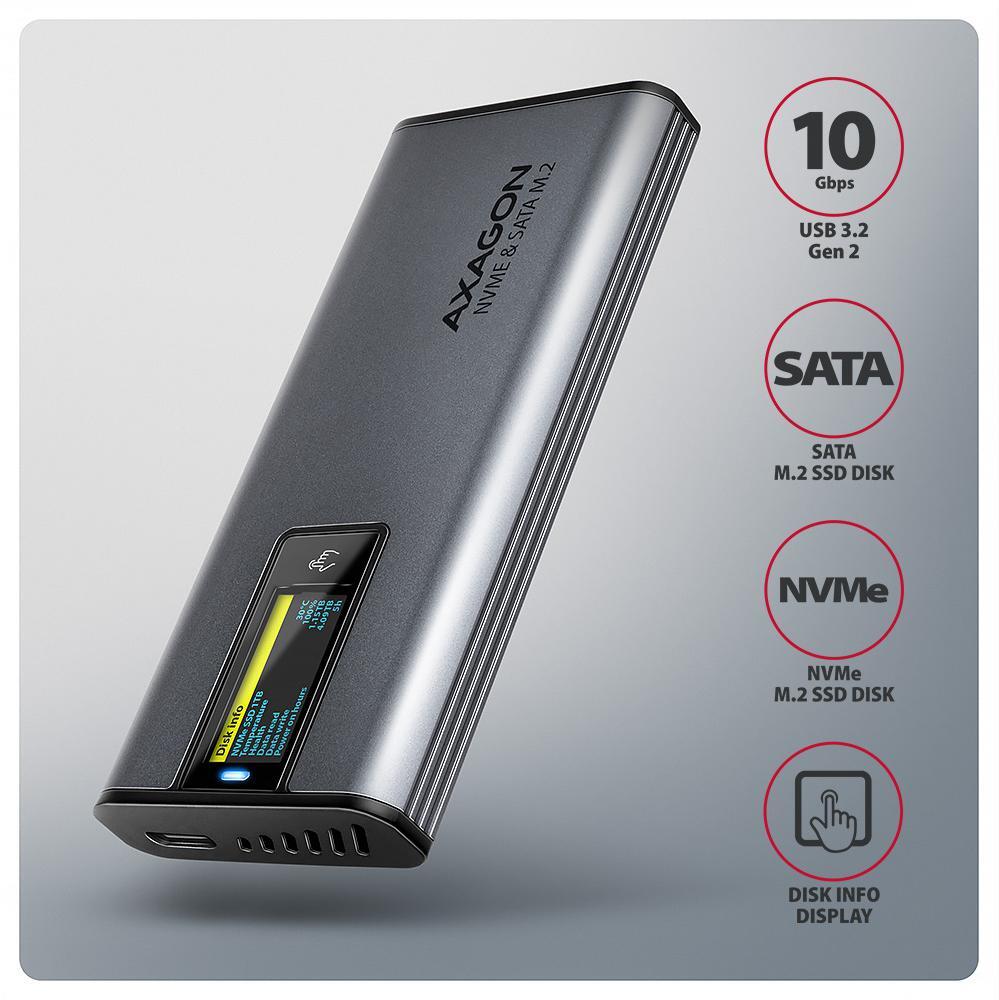 AXAGON - Caixa Externa AXAGON EEM2-SD2 para M.2/SSD C/ Display USB-C 3.2 Gen2 - Silver