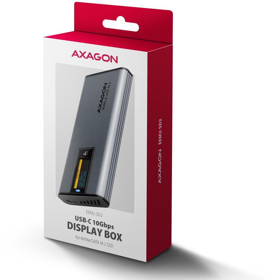 AXAGON - Caixa Externa AXAGON EEM2-SD2 para M.2/SSD C/ Display USB-C 3.2 Gen2 - Silver