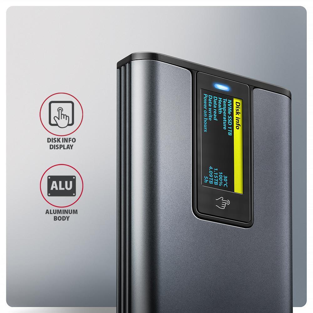 AXAGON - Caixa Externa AXAGON EEM2-SD2 para M.2/SSD C/ Display USB-C 3.2 Gen2 - Silver