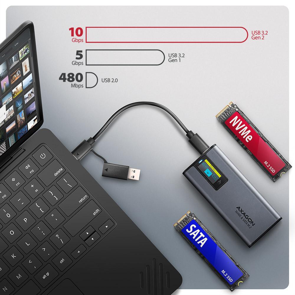 AXAGON - Caixa Externa AXAGON EEM2-SD2 para M.2/SSD C/ Display USB-C 3.2 Gen2 - Silver