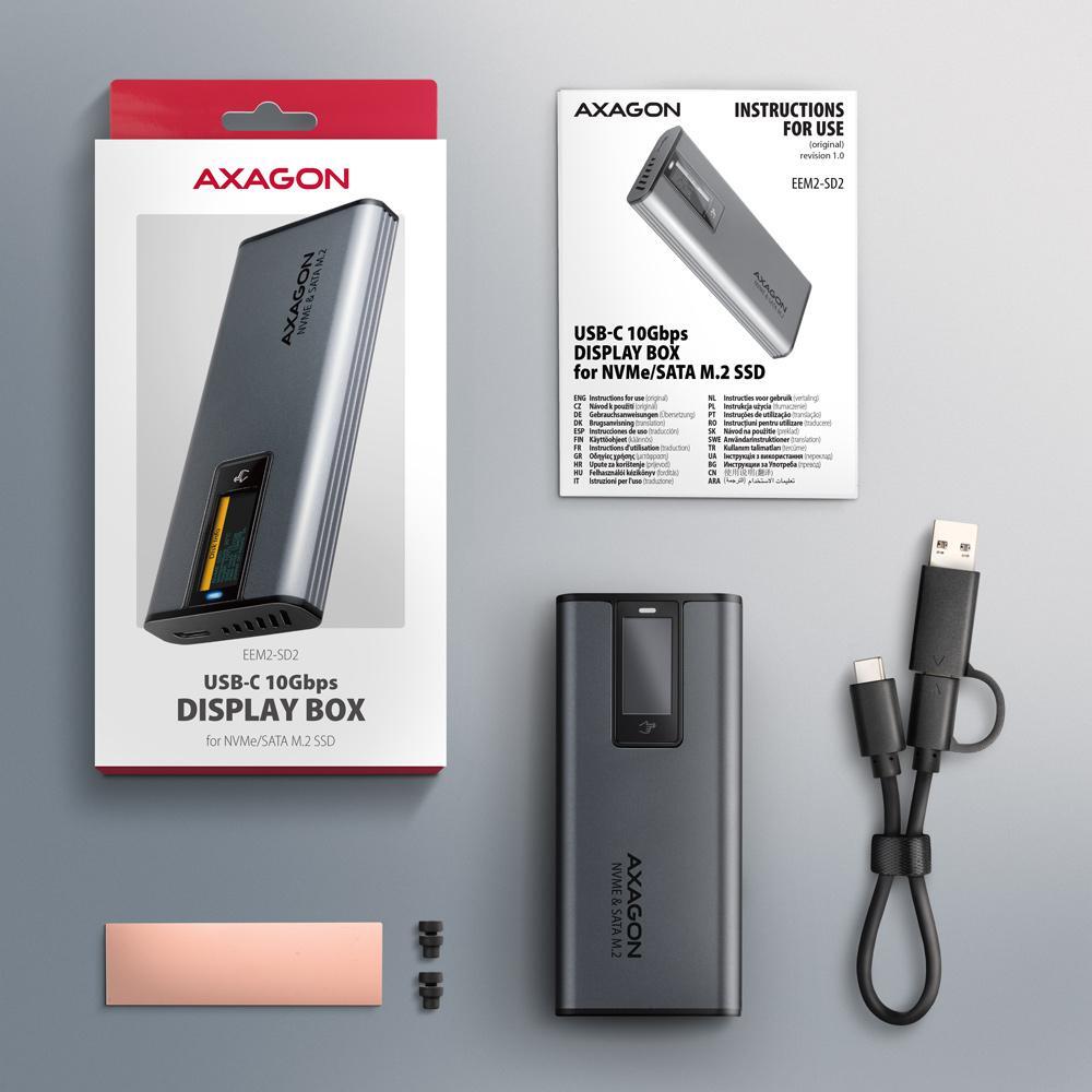 AXAGON - Caixa Externa AXAGON EEM2-SD2 para M.2/SSD C/ Display USB-C 3.2 Gen2 - Silver
