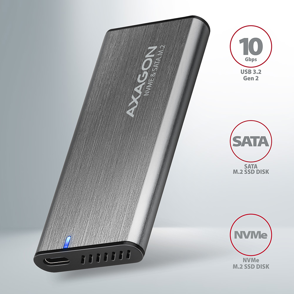 AXAGON - Caixa Externa AXAGON EEM2-SG2 RAW BOX para SSDs M.2 USB-C 3.2 Gen 2 Silver