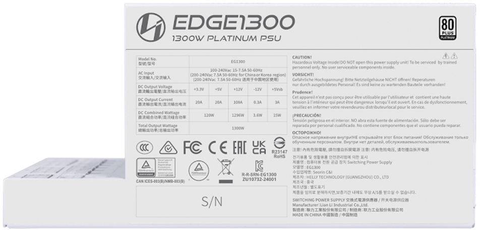 Lian Li - Fonte Modular Lian Li Edge 1300W 80+ Platinum Branco