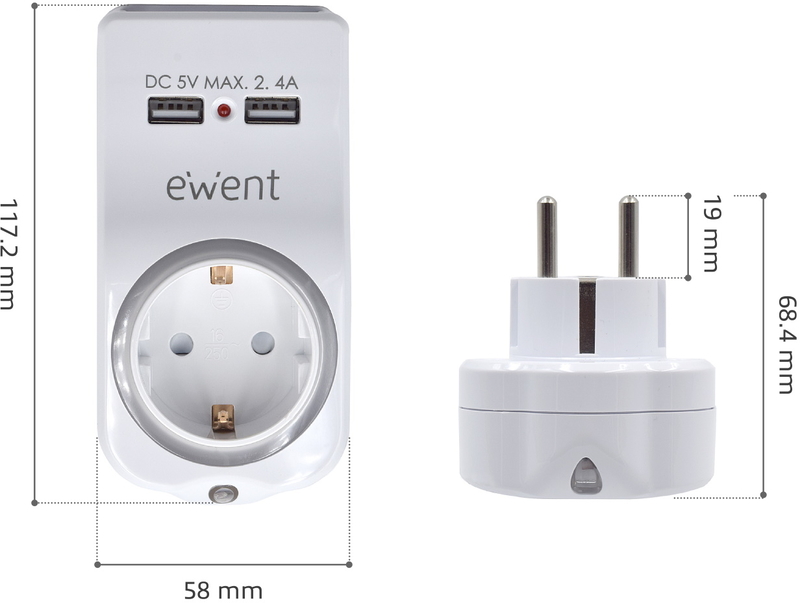 Ewent - Carregador de Tomada Ewent USB 4 em 1 2.4A (12W) c/Shuko