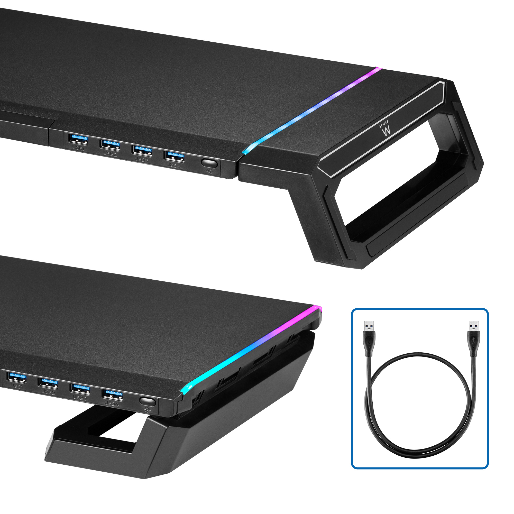 Ewent - Base para Monitor Ewent Foldable RGB c/ Hub USB 3.0 Preto