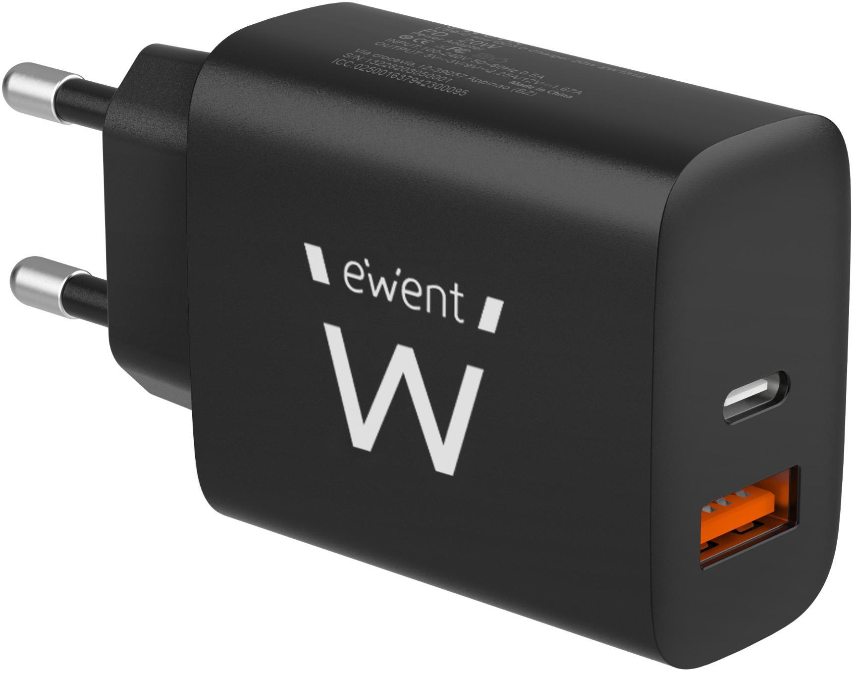 Ewent - Carregador Ewent EW1319 USB-C/USB-A Fast Charger 20W Preto