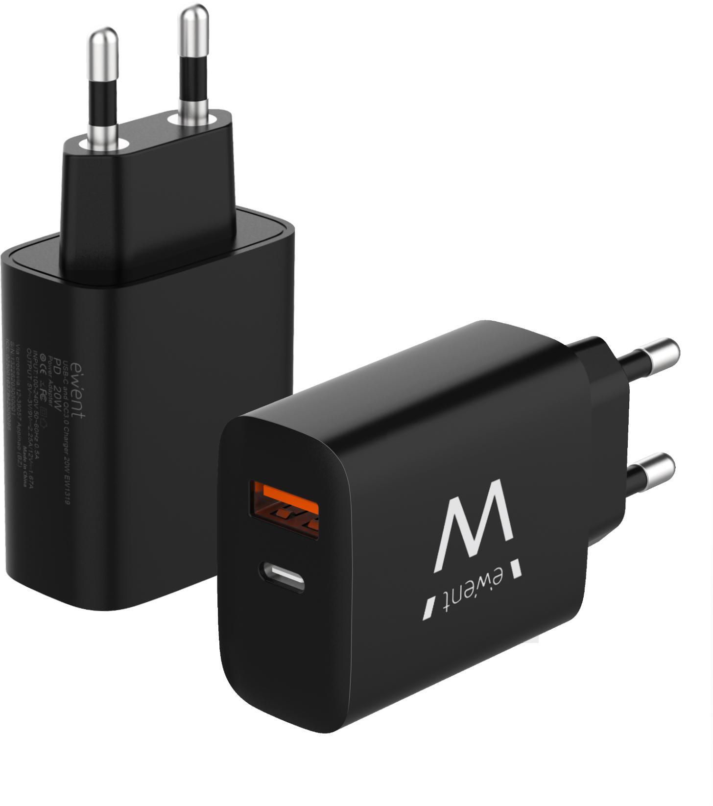 Ewent - Carregador Ewent EW1319 USB-C/USB-A Fast Charger 20W Preto