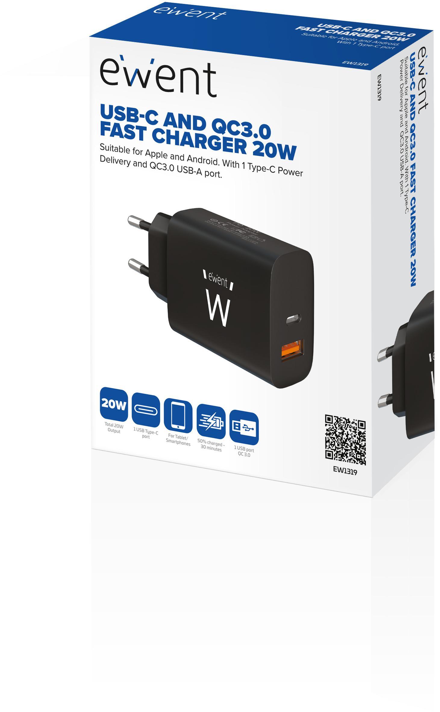 Ewent - Carregador Ewent EW1319 USB-C/USB-A Fast Charger 20W Preto