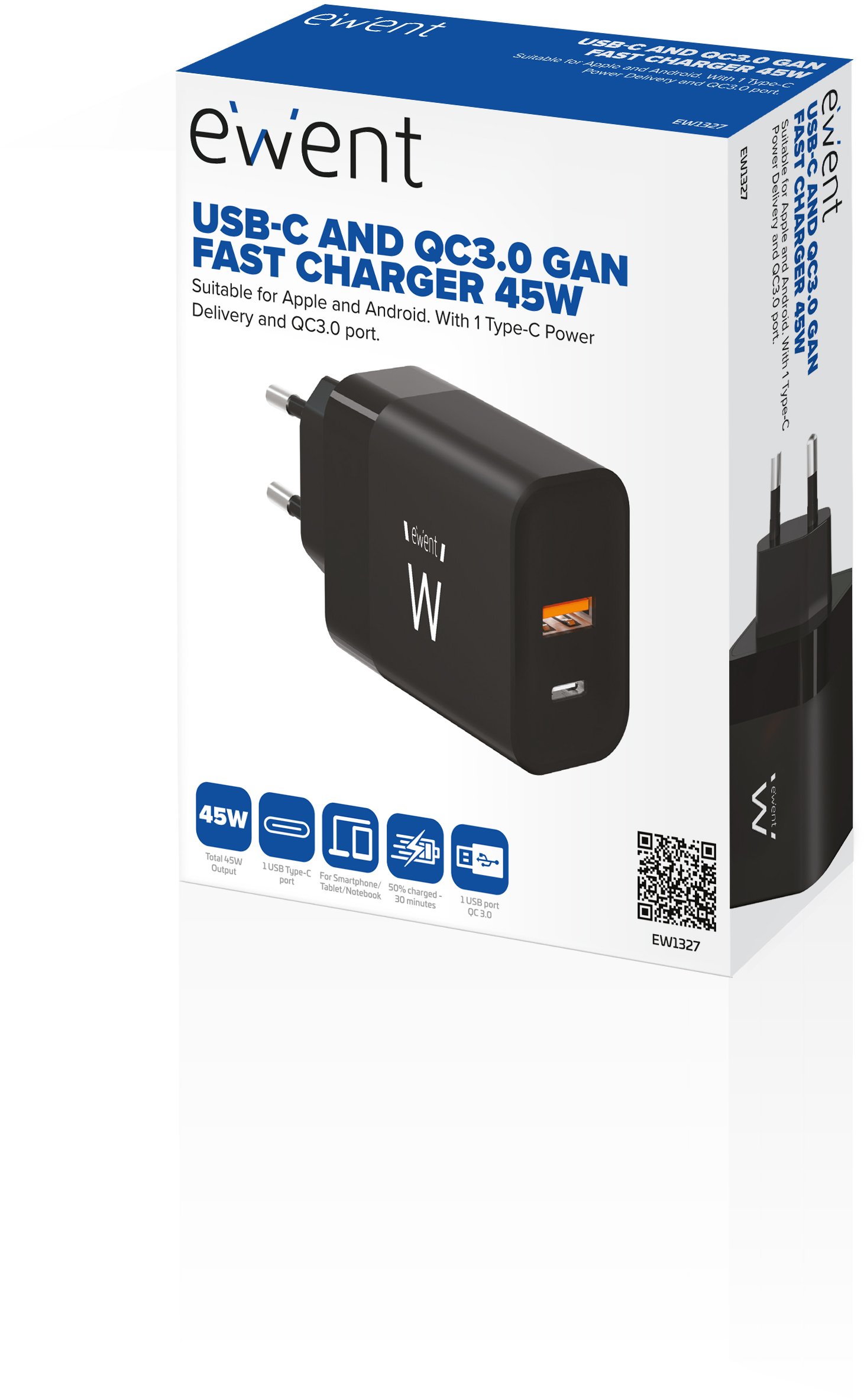 Ewent - Carregador Ewent EW1327 USB-C/USB-A GaN Fast Charger 45W Preto