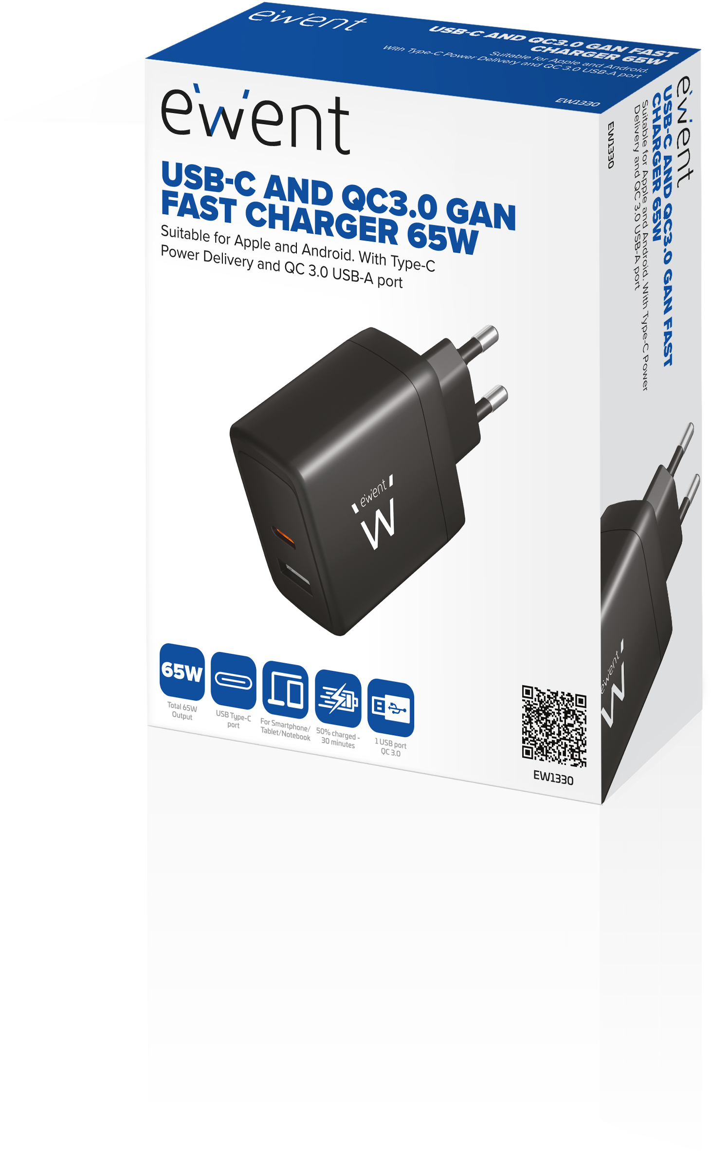 Ewent - Carregador Ewent EW1330 USB-C/USB-A GaN Fast Charger 65W Preto