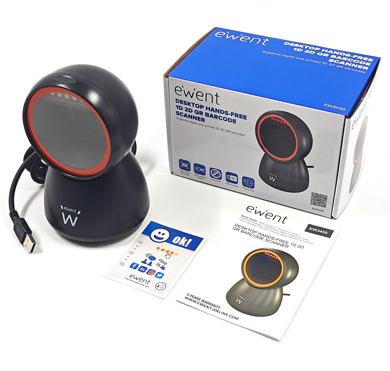 Ewent - Leitor Código Barras Ewent EW3450 Desktop Hands-Free USB, 1D/2D/QR 360º Preto