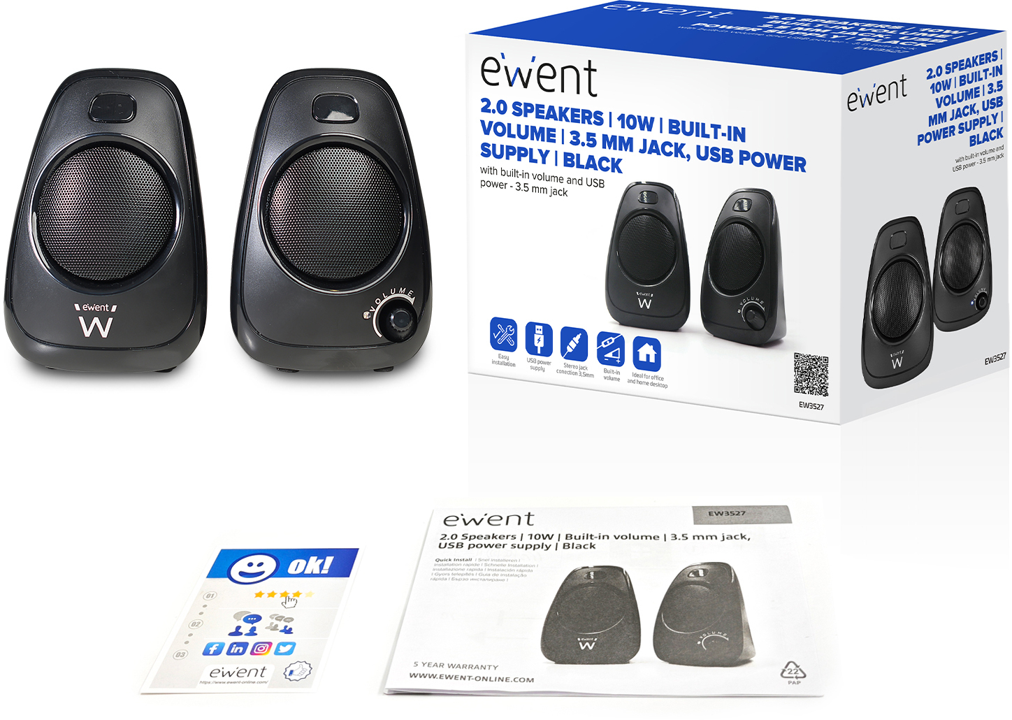 Ewent - Colunas 2.0, 10W, Built-in volume, 3.5 mm jack, Alimentação USB, Preta