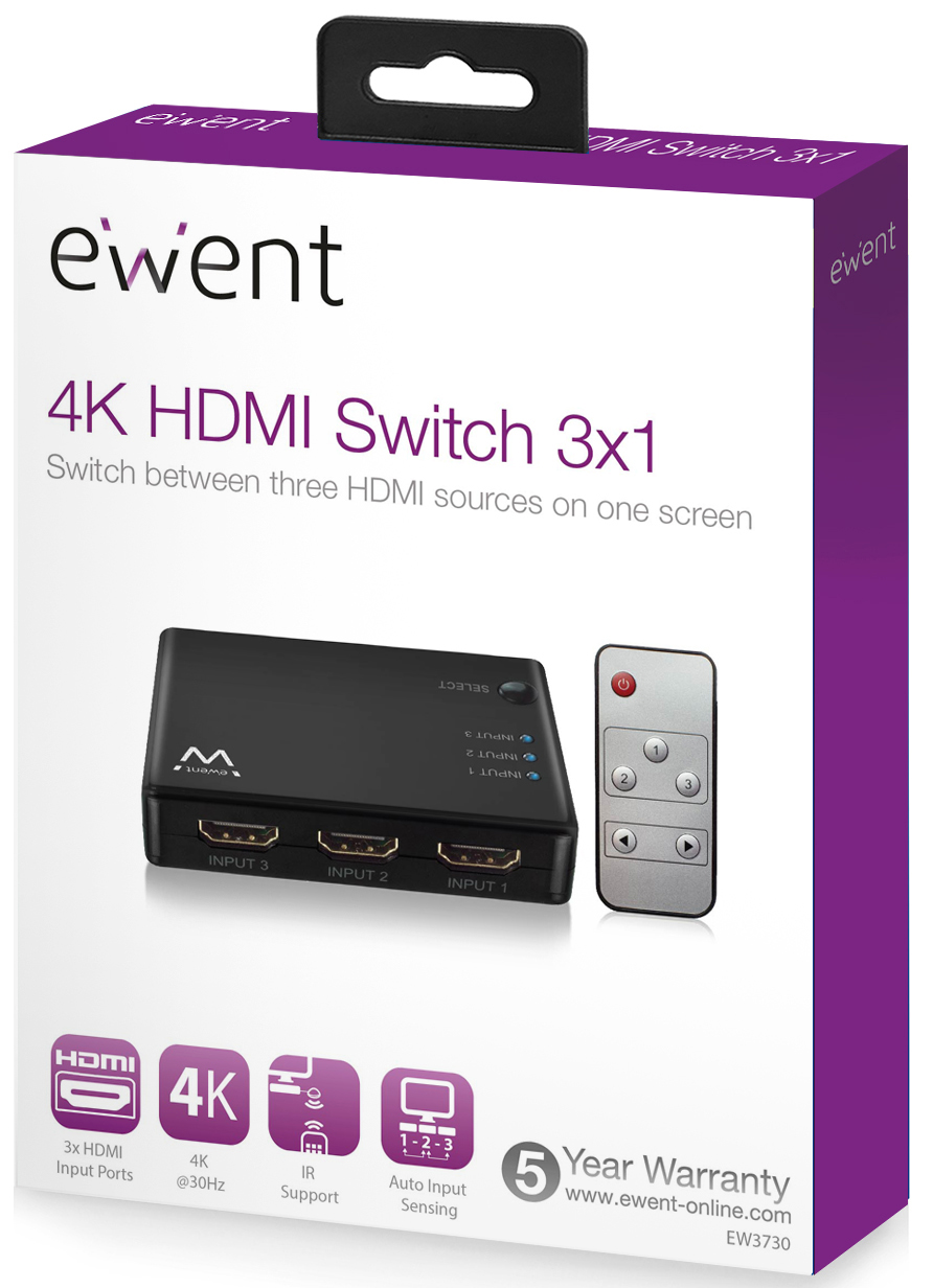 Ewent - Switch HDMI Ewent 3 Portas 4K@30Hz