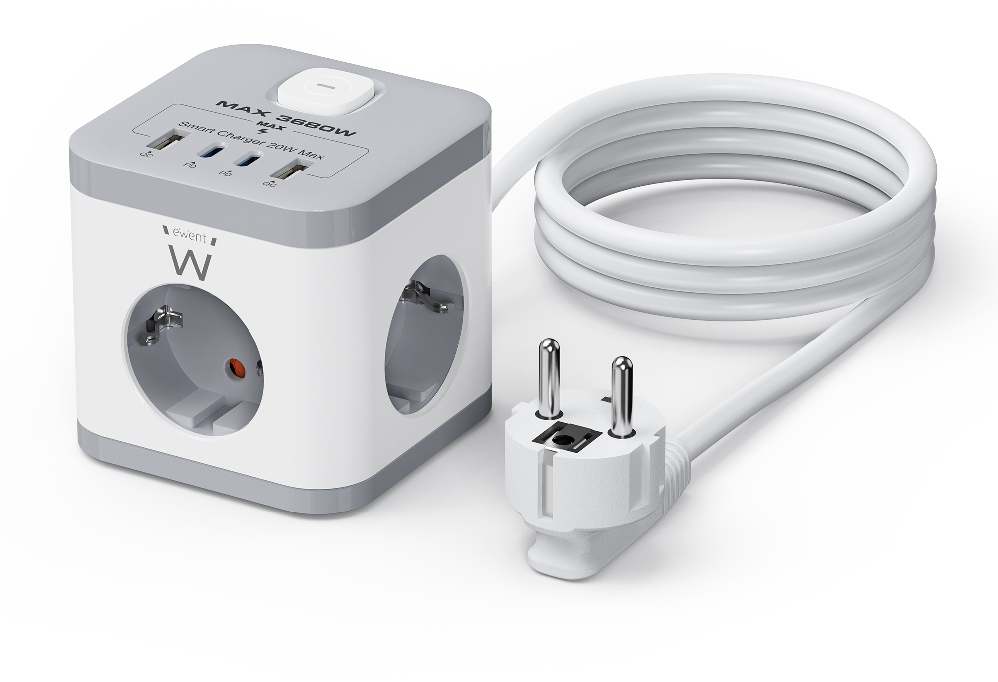 Ewent - Bloco Tomada Ewent EW3863 Power Tower 3 Tomadas Schuko 16A + 2 USB-A + 2 USB-C 2m Branca/Cinza