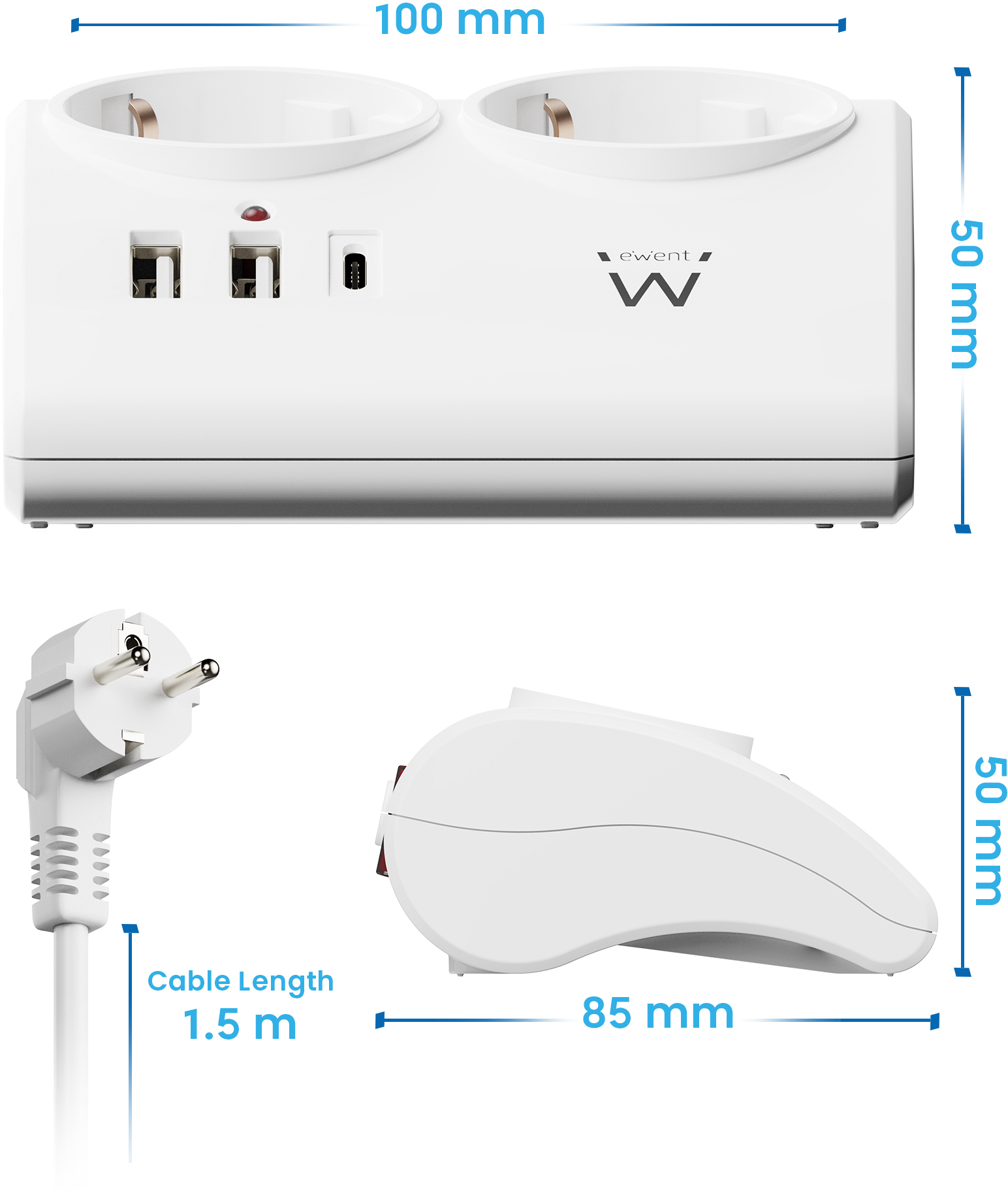 Ewent - Tomada Ewent EW3870 Desktop Power Strip 2 Tomadas Schuko 16A + 2 USB-A + 1USB-C 1.5m Branca