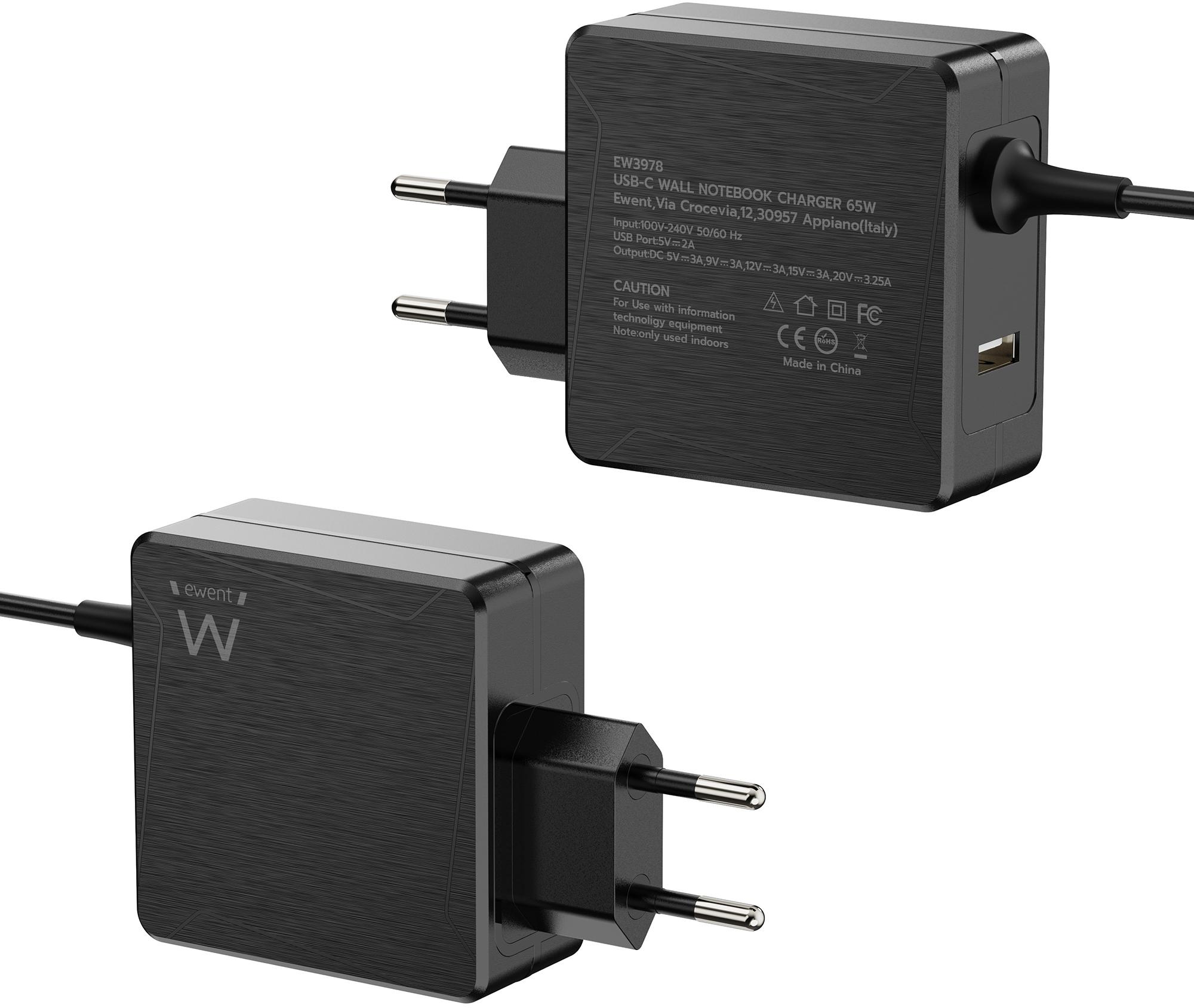 Ewent - Carregador de Portátil Ewent USB-C + 1-Porta USB-A PD 65W Preto